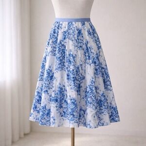 Y2K  A Line Midi Skirt Size 10 Blue White Coastal Beach Abstract Flowy Boho